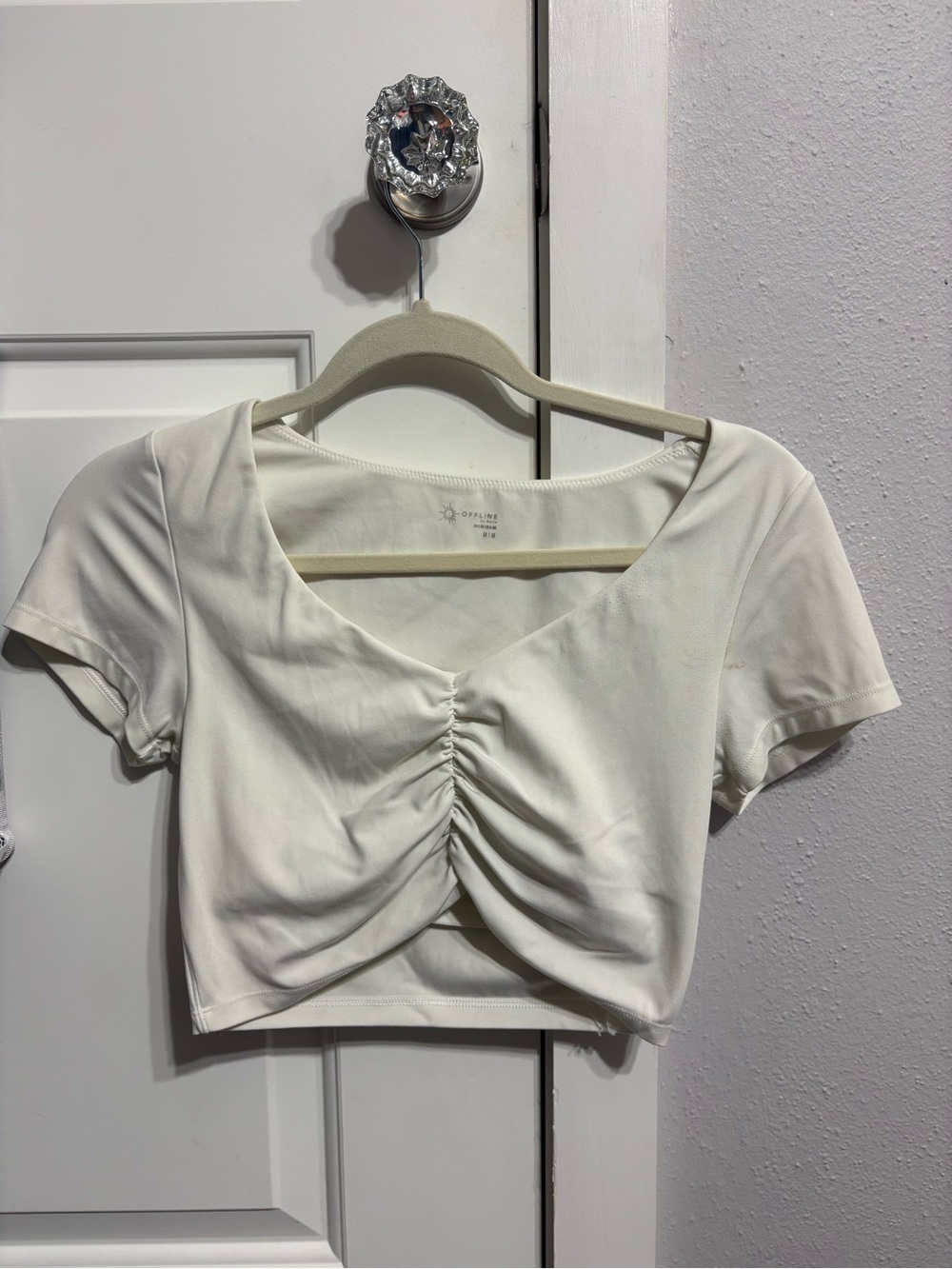aerie White Ruched Scoop Crop Top